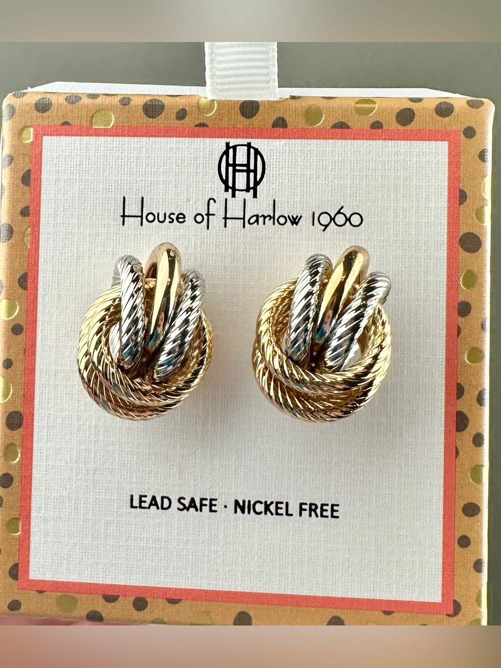NIB House of Harlow 1960 Two Tone Gold Silver Knot Statement Earrings